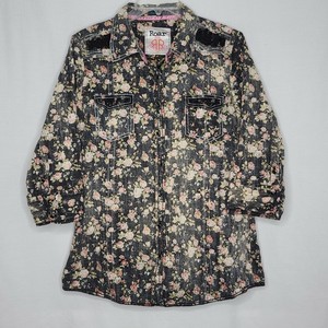 Roar-XL-Womens-Floral-Button-Down-Black-Lacey-Long-Sleeve-Shirt