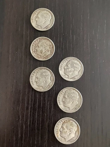 ROOSEVELT DIMES  1951 & 1951-D COINS - Set of 6 - VF(Very Fine) with 90% Silver