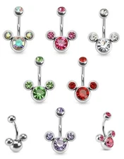 Mickey Mouse Belly Ring Pierced Navel Triple CZ Gem Surgical Steel Piercing