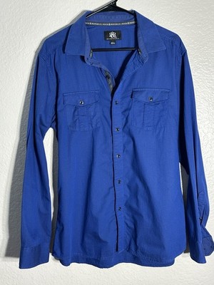 Rock & Republic Men's Blue Solid Long Sleeve Button-Up Cotton Shirt L