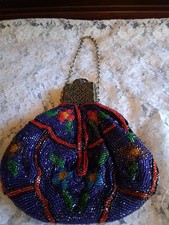 Antique Glass Seed Beads Purse Floral Pattern Red, Blue, Yellow