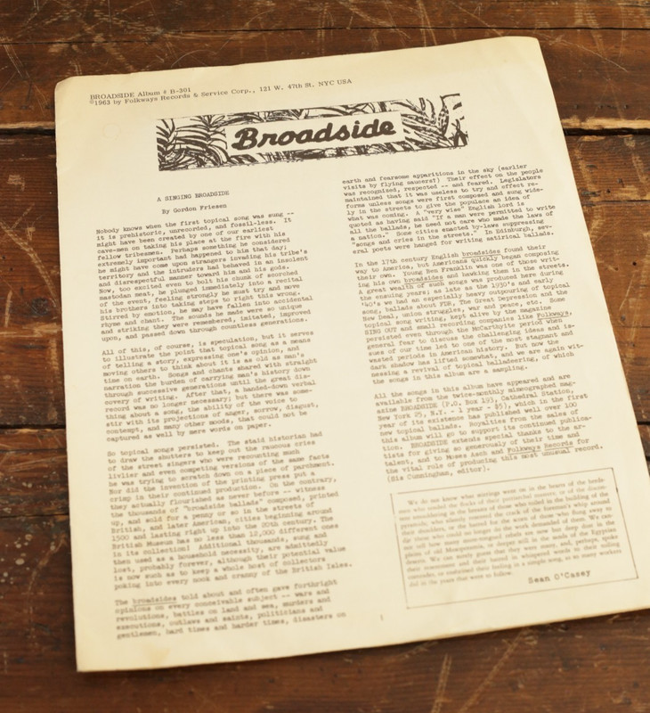 FOLKWAYS B-301 Broadside Ballads Vol. 1 1963 Folk INSERT ONLY No Record Used