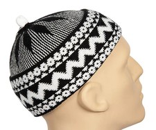 One Size Dark Brown Cotton Blend Zigzag Beanie Haji Kufi Hat with Ball on Top