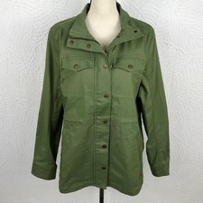 LL Bean Jacket Womens Size L Misses Green Denim Jean Stretch Chore Coat Pockets