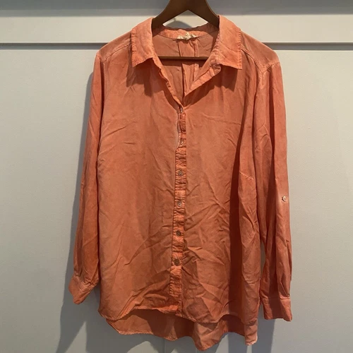 Jane + Delancey Top Women 1X Orange Watercolor Roll Tab Boho Fall Colors