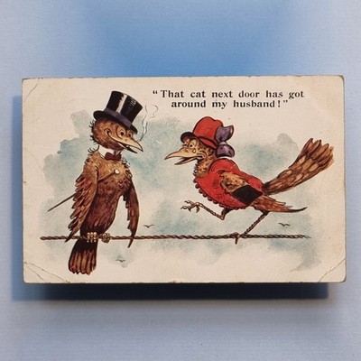Comic Postkarte 1929 Rauchender Vogel Zylinder Rohr Linie Katze Ehemann Armbinde A/F