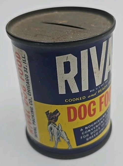 Mini Tin Can Bank Dogs Graphics Rival Packing Co. Chicago