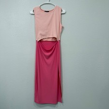 PRETTYGARDEN Pink Ribbed Cutout Midi Dress Two Tone Sleeveless Side Slit Medium