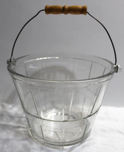 Large Vintage Anchor Hocking Thick Glass Ice Bucket Fruit Basket Wooden Handle