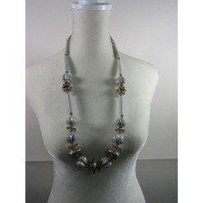 Gray Chuncky Bead Silver Tone Necklace Boho Artsy Cottagecore Vintage 24"