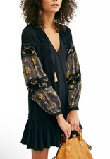 Free People Boho Black Dress XS Oversized Mini w/ Floral Long Balloon Sleeves