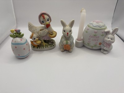 VTG EASTER Figurines Bunnies Chickens Egg Candle Holder-Spring Decor