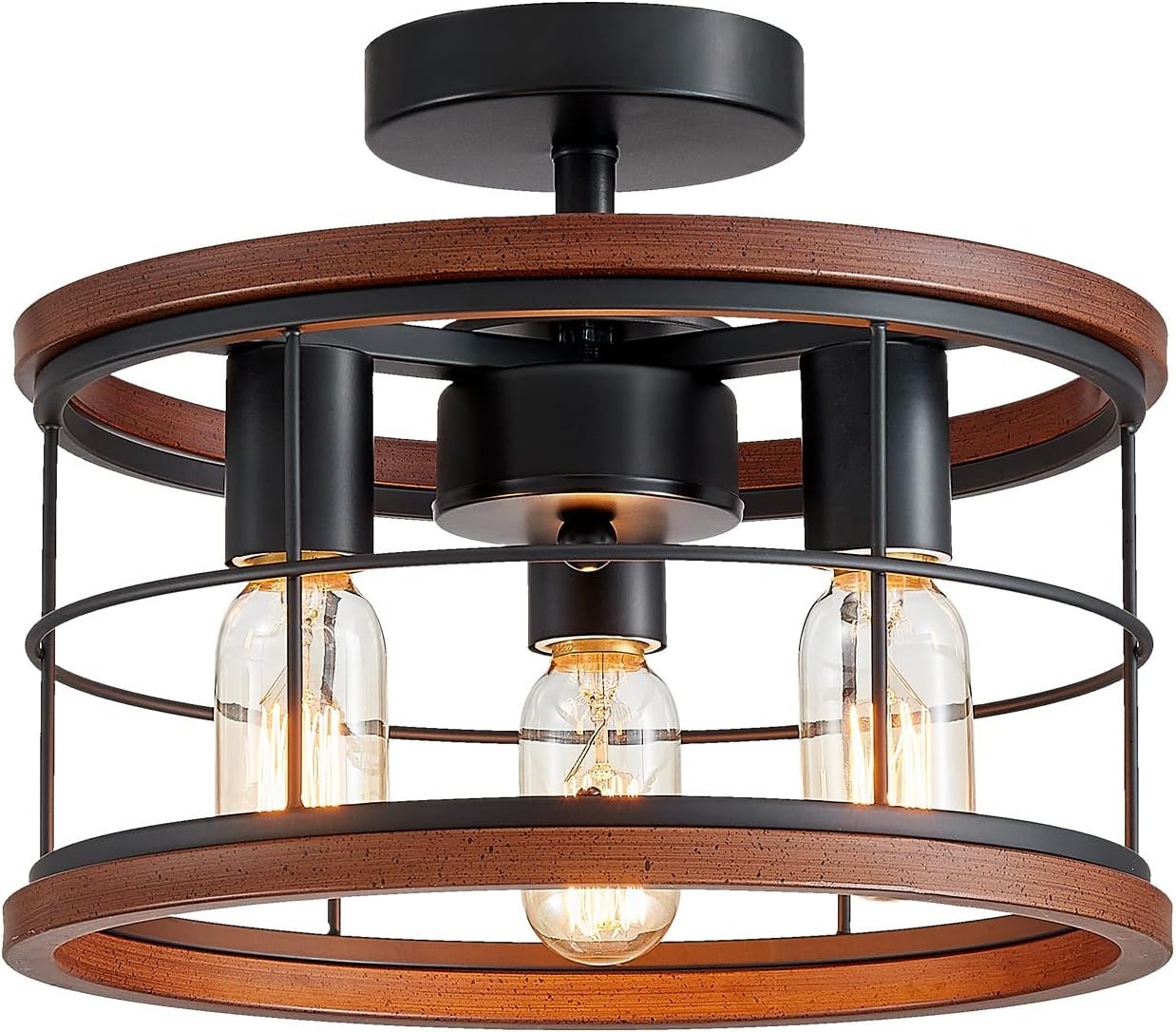 3-Light Semi Flush Mount Ceiling Light Fixture Vintage Ceiling Light Metal Cage