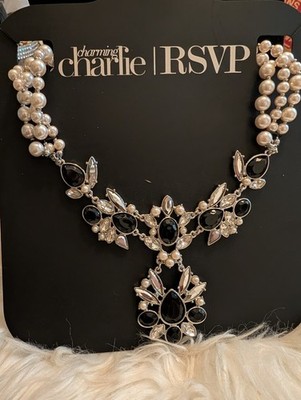 Charming Charlie RSVP Statement Bib Necklace Teardrop Crystal Faux Pearl
