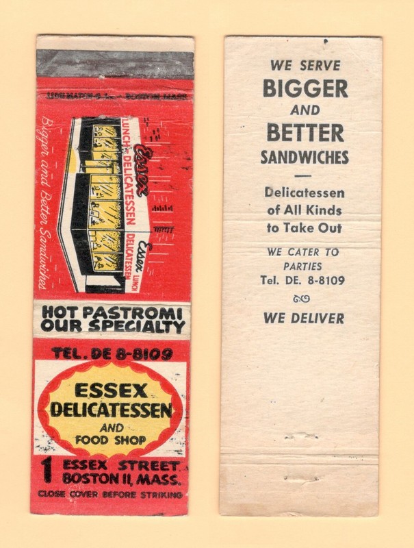 ESSEX DELICATESSEN { Phone DE 8-8109 } BOSTON MASS MATCHBOOK COVER