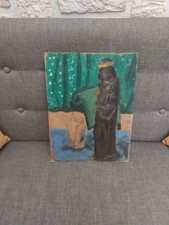 ancien tableau huile sur toile personage vierge noire et enfant