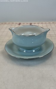 Vintage Nancy Prentiss USA Blue Gray Boat w/ Attached Underplate