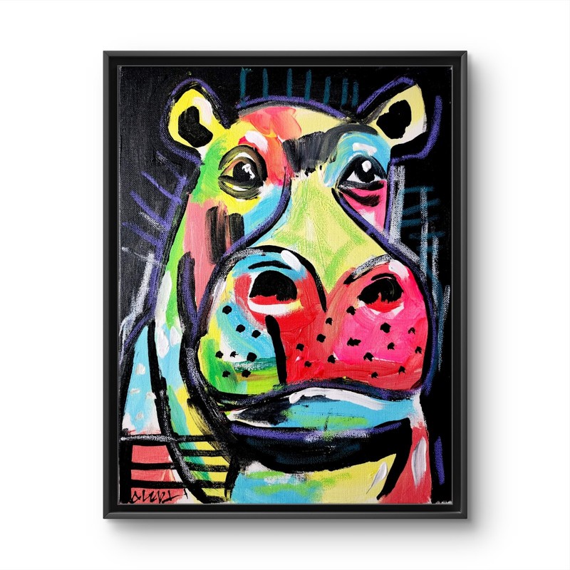 Original Abstract Hippo Painting Canvas Neo Expressionist Fine Art Decor 11x14