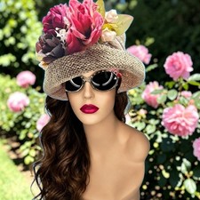 Vintage Millinery Floral Cloche Hat Roses Velvet Band Old Hollywood Style 1990s