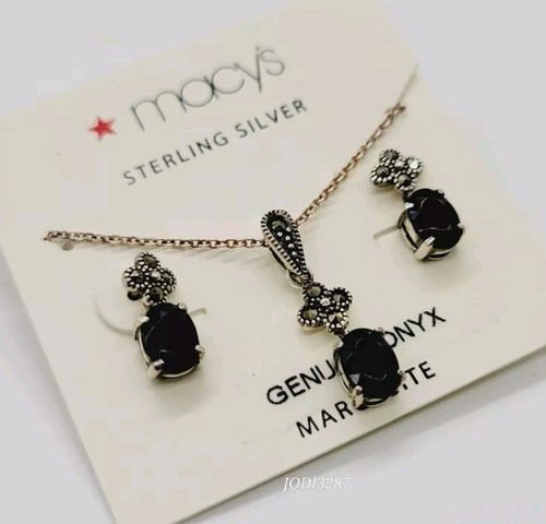 Sterling Silver 925 MARCASITE Onyx Necklace & Earring 2 pc SET - Picture 3 of 6