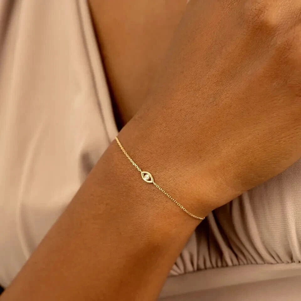 Evil Eye Chain Bracelet 0.10CT Round Natural Diamond For Women Gift 14k Gold - Image 2 of 4