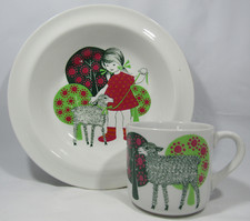 Vintage ARABIA Of Finland Lamb And Girl Bowl And Cup Set. 1960s Scandinavian