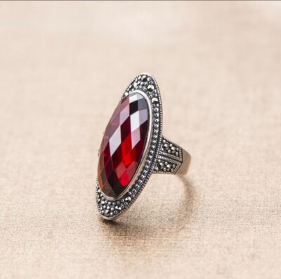 Vintage 925 Sterling Silver Ring   Large Lab Ruby - Black Marcasite   Statement