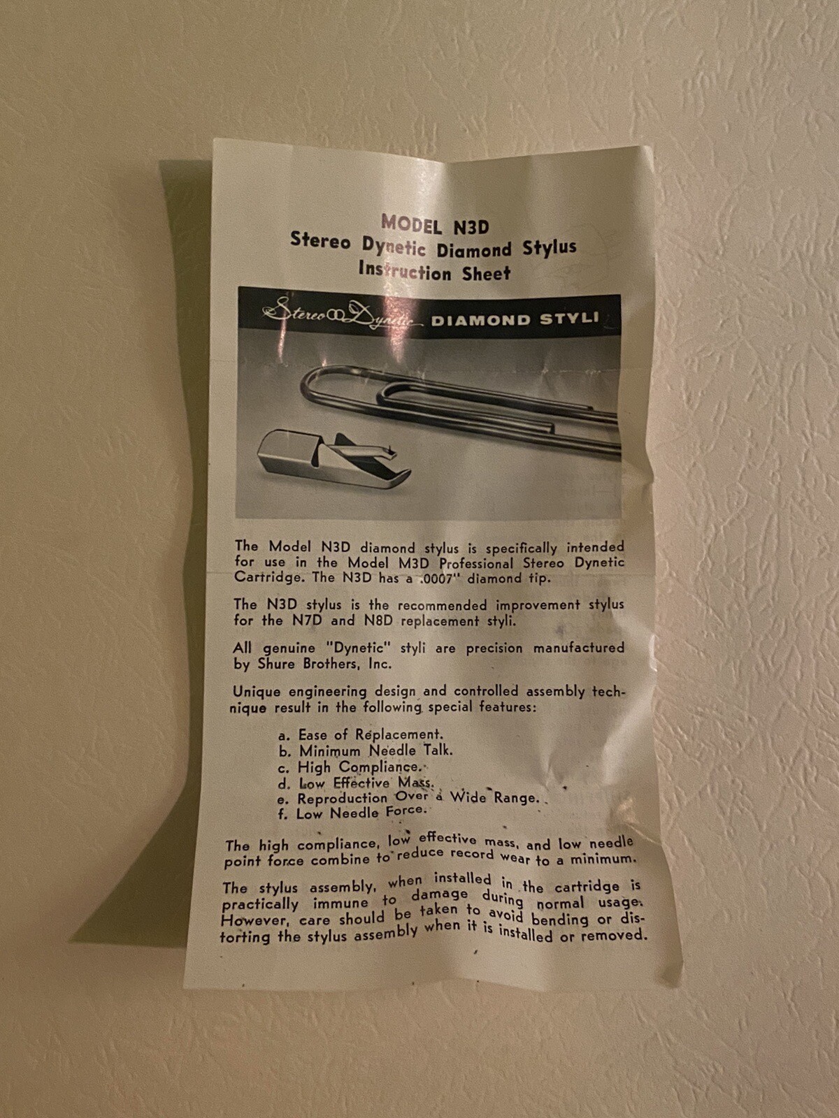 Vintage Shure N3D Stereo Lot Diamond Stylus N7D N8D Part Manuals 1958 eBay