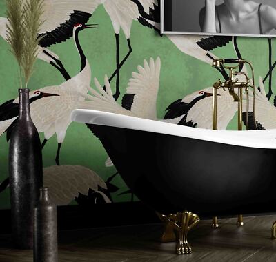 Eco-Friendly Wallpaper Herons Green in Vegan Paper Sheets Made in Italy