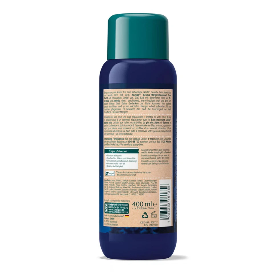 Espuma de baño vegana Kneipp Goodnight con extracto de pino calmante - sueño profundo 4x400 ml Foto 3 de 3