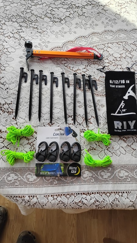 RIY  Hammer, tent stakes,, cord tighteners