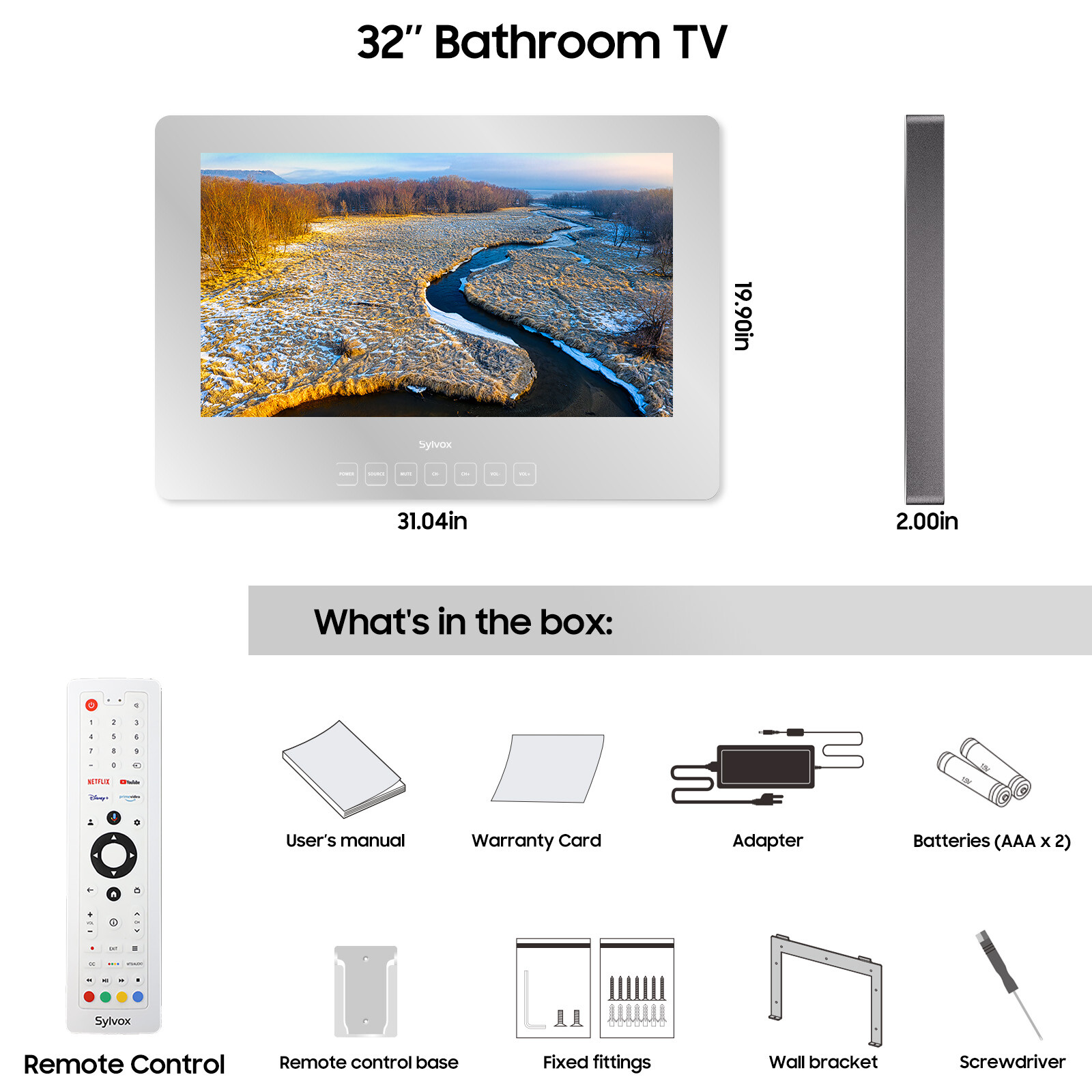 32" Google TV 1080P LED IP66 Waterproof TV 500nit Wall mounting Bathroom Shower