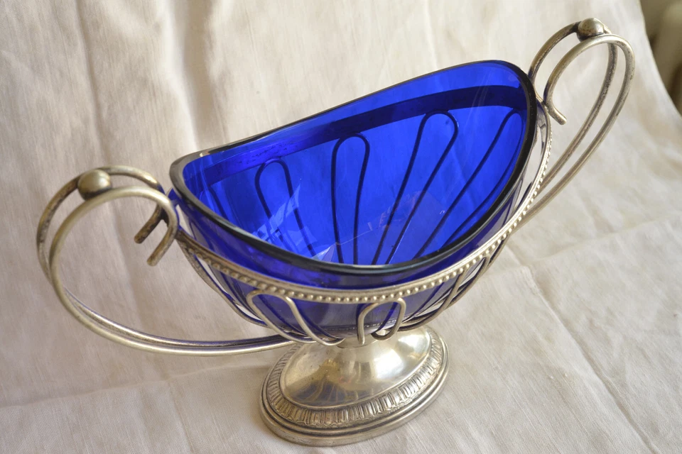 WMF Coupe métal argenté et cristal bleu - Allemagne fin 19ème/début 20ème - Photo 3/4