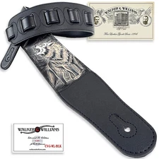Walker & Williams CVG-WL-B Black Leather Padded Guitar Strap & Tan Howling Wolf