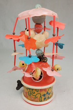 Pre WW II Japan Mechanical Celluloid Hungry Chicks Merry Go Round V G  Working