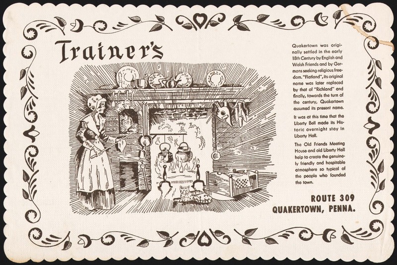 Vintage placemat TRAINERS restaurant #2 fireside cooking pic Quakertown Penna