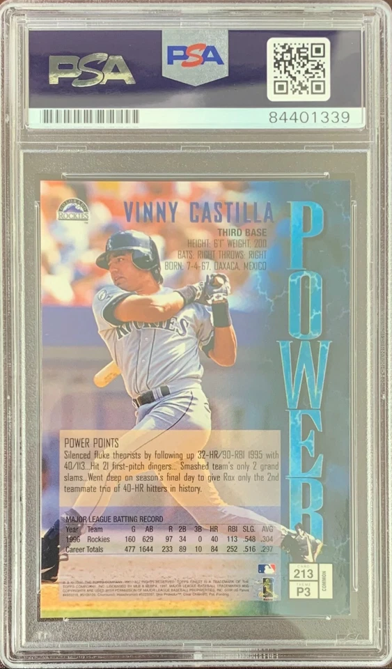 Tarjeta firmada automáticamente por Vinny Castilla 1997 Topps Colorado Rockies PSA encapsulada Foto 2 de 2