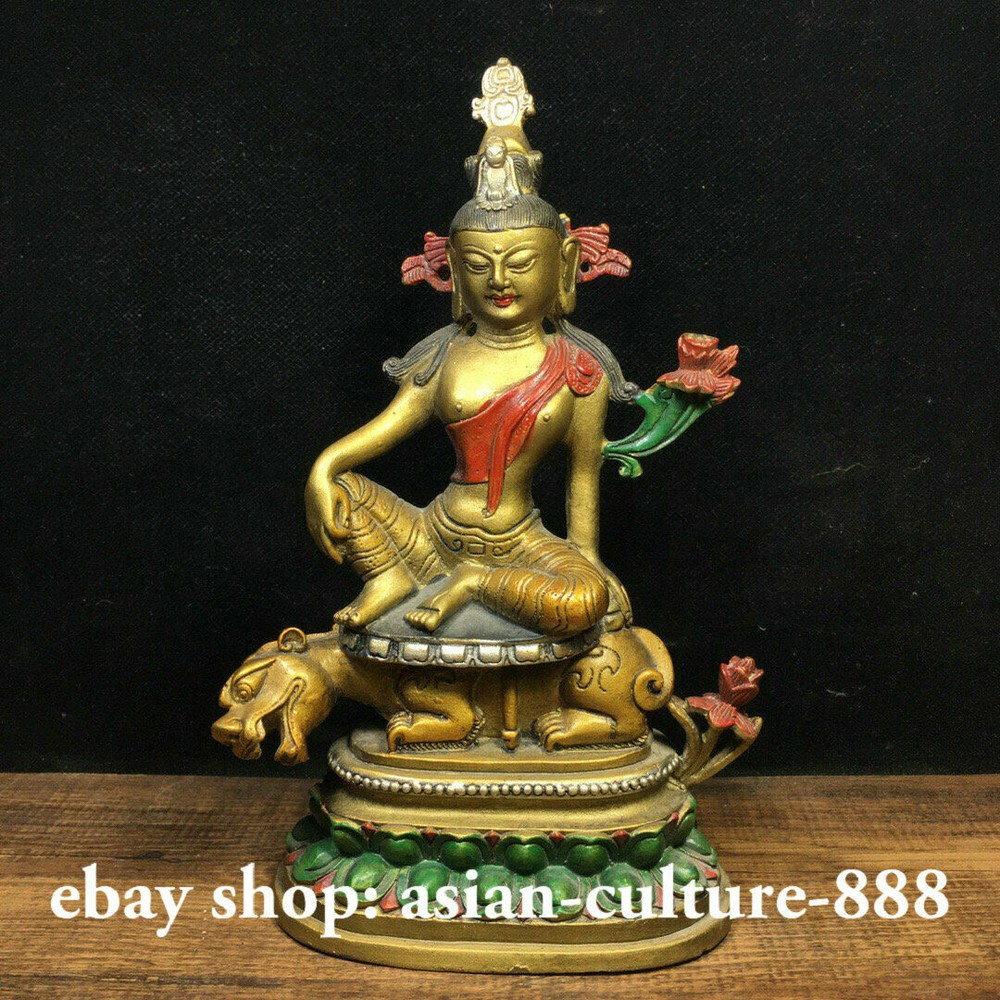 8 Tibet Buddhism Bronze Painting Free Guan Yin Goddess Boddhisattva Beast Statue