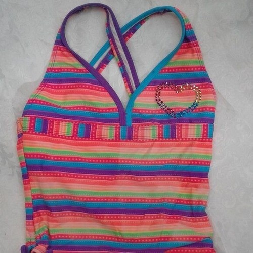 Angel Beach Girls One Piece Swimsuit Striped Purple Teal Pink Gem Heart Size 10 - Picture 2 of 11