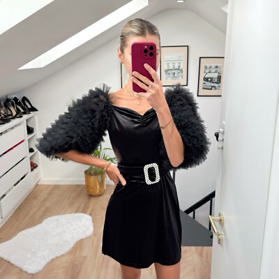 Zara Black Velvet Balloon Ruffle Sleeve Belted Short Mini Dress M Party Nye  | eBay UK
