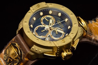 EXTREME RARE Invicta Reserve AKULA PIRATE SKULL MOP Dial Brown Gold Tone Watch