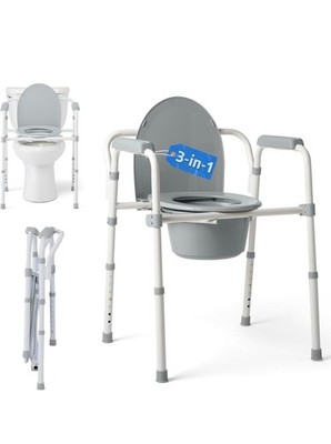 Dark Gray 3-in-1 Portable Folding Commode with Elongated Seat Microban Treated
