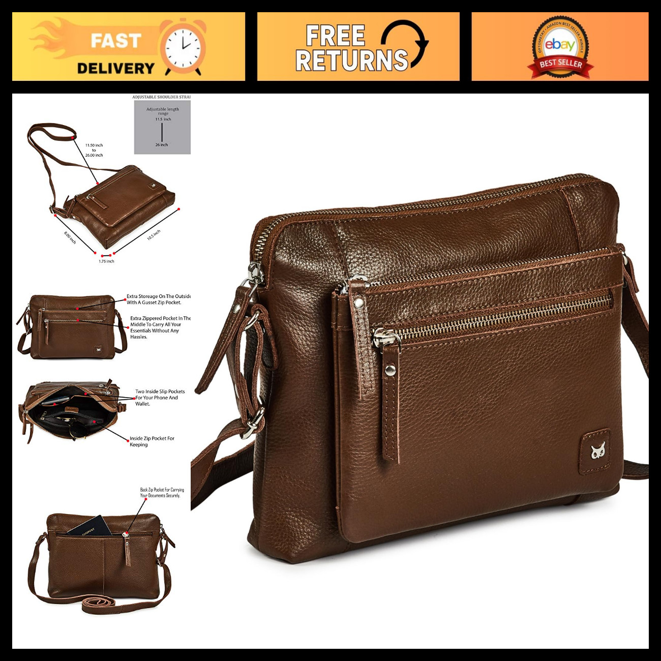 Small Leather Crossbody Bag for Women - Soft Genuine Pebbled Sling Purse, Adjust