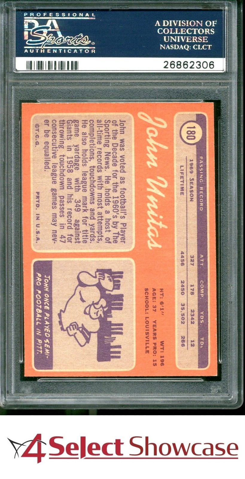 1970 TOPPS #180 JOHN JOHNNY UNITAS COLTS HOF PSA 9 view 2