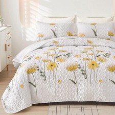 Quilt Set Queen Cute Floral Bedspread Coverlet Yellow Flower Quilts Microfibe...