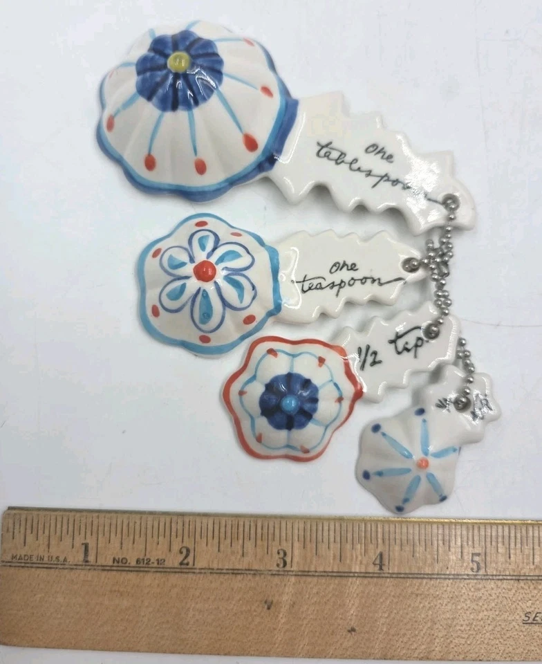 Anthropologie 4 Measure Up Nesting Measuring Spoons Ceramic Colorful Floral - Image 4 of 4