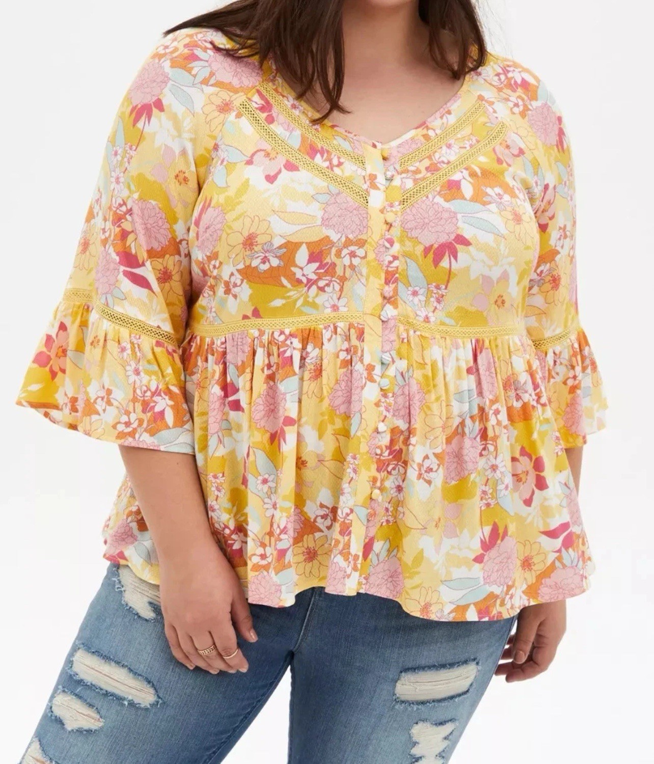 Torrid Womens Plus Size 2X Yellow Floral Boho Crochet Lace Babydoll Blouse