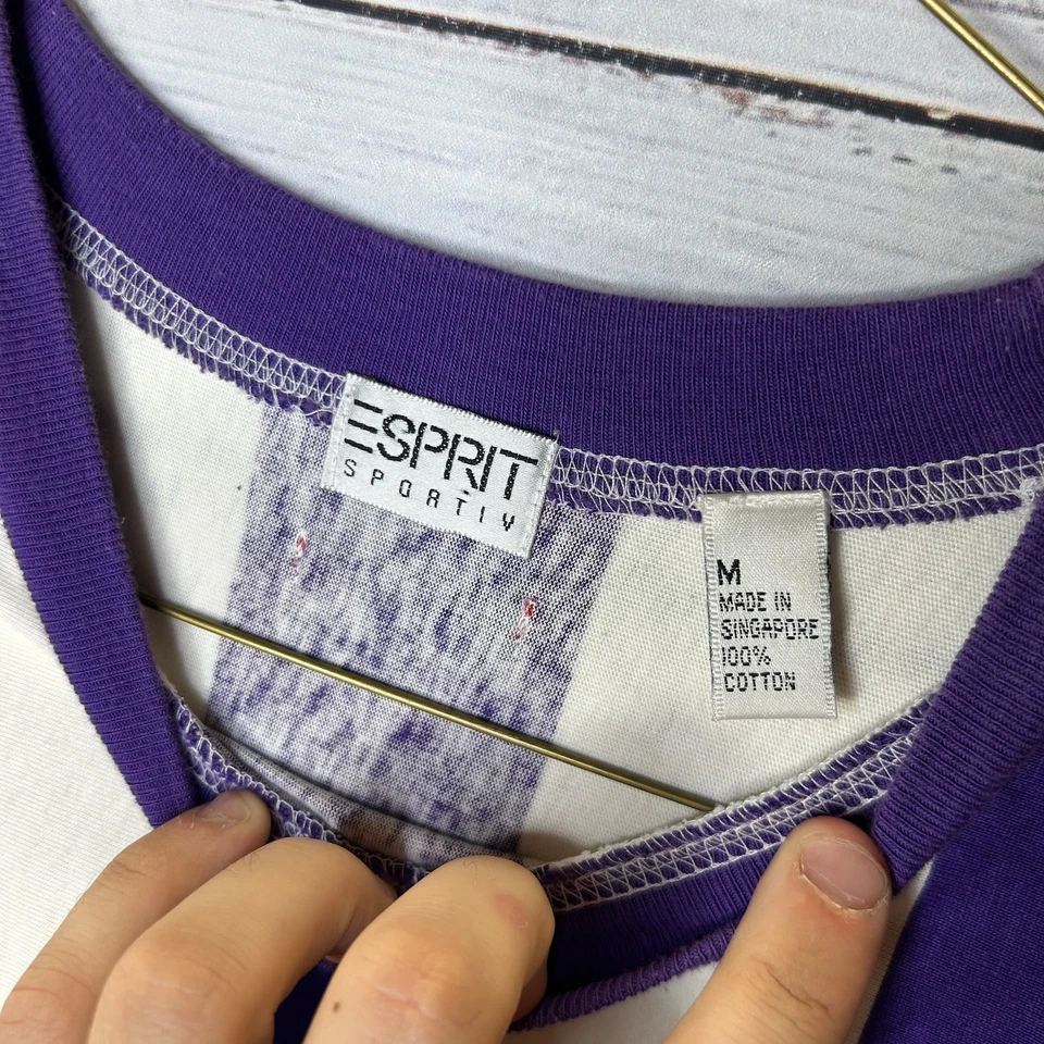 Camiseta retro vintage años 90 ESPRIT a rayas púrpura blanco calce cuadrado para hombre mediana Foto 4 de 4