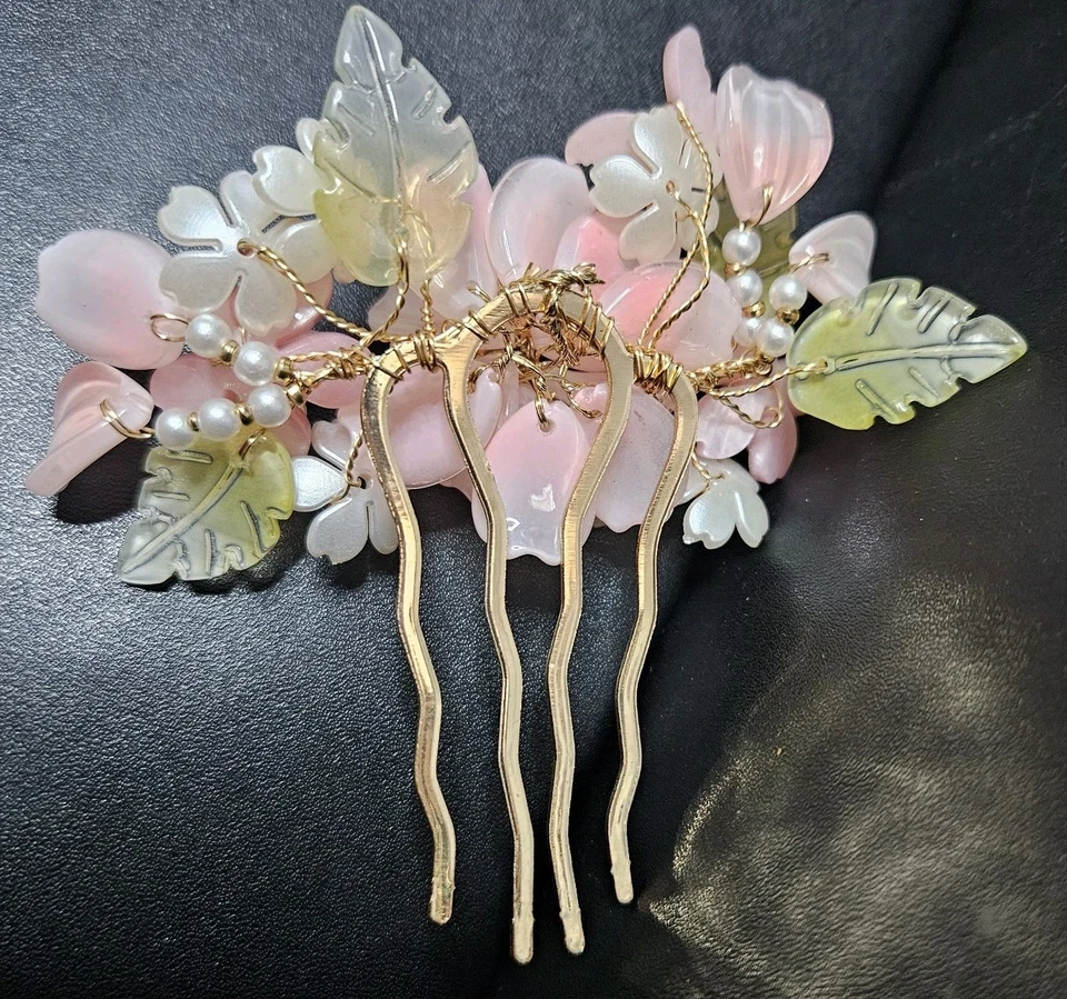 Handmade Floral Hair Comb Clip Pink White Flowers Rhinestone Accent Vintage - Image 2 of 2