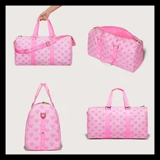 NWT Stoney Clover Lane Classic Duffle Bag Flamingo Bubblegum Jacquard Hearts